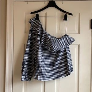 Navy Gingham one shoulder J. Crew Blouse